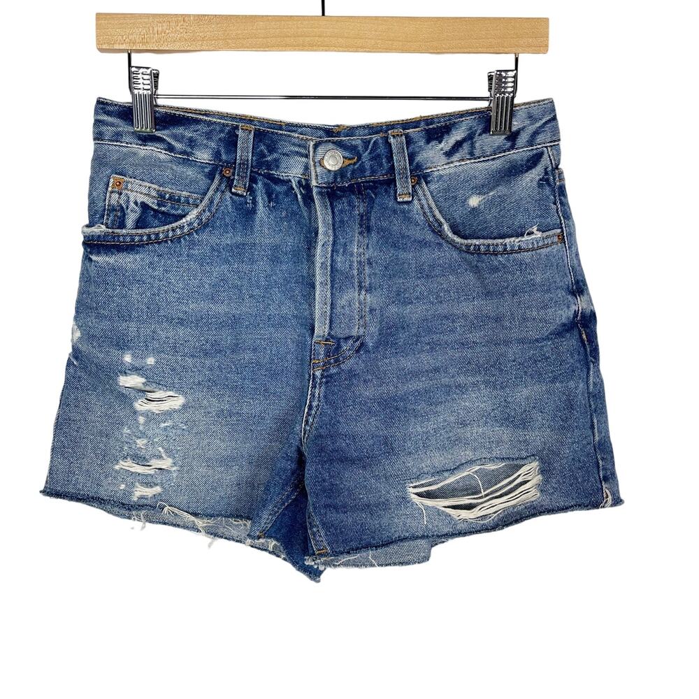 TopShop Women 6 Moto Ripped Jean Shorts Distressed Medium Wash Cotton Button Fly